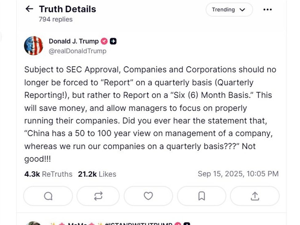 Trump is on board with the call to ditch quarterly reporting for US listed companies