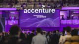 A logo sits illuminated at the Accenture booth in Mobile World Congress 2025 on March 03, 2025 in Barcelona, Spain.