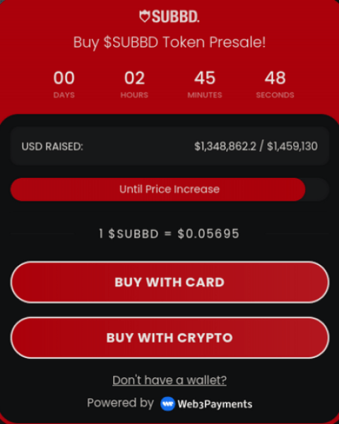 SUBBD Token presale widget showing raise and price.